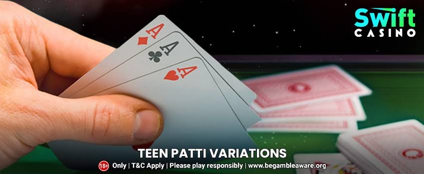 Playing cards representing different Teen Patti variations