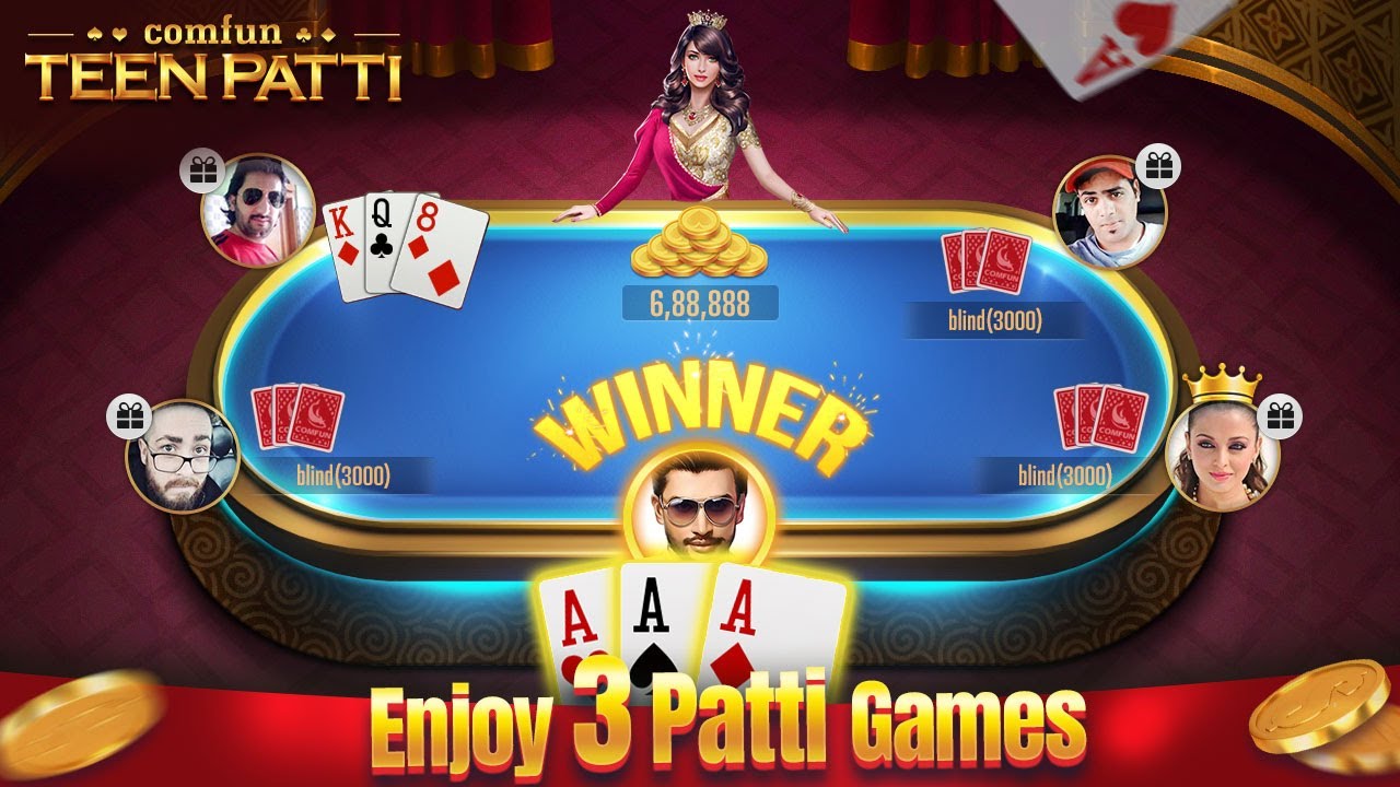 Three playing cards representing Teen Patti hands